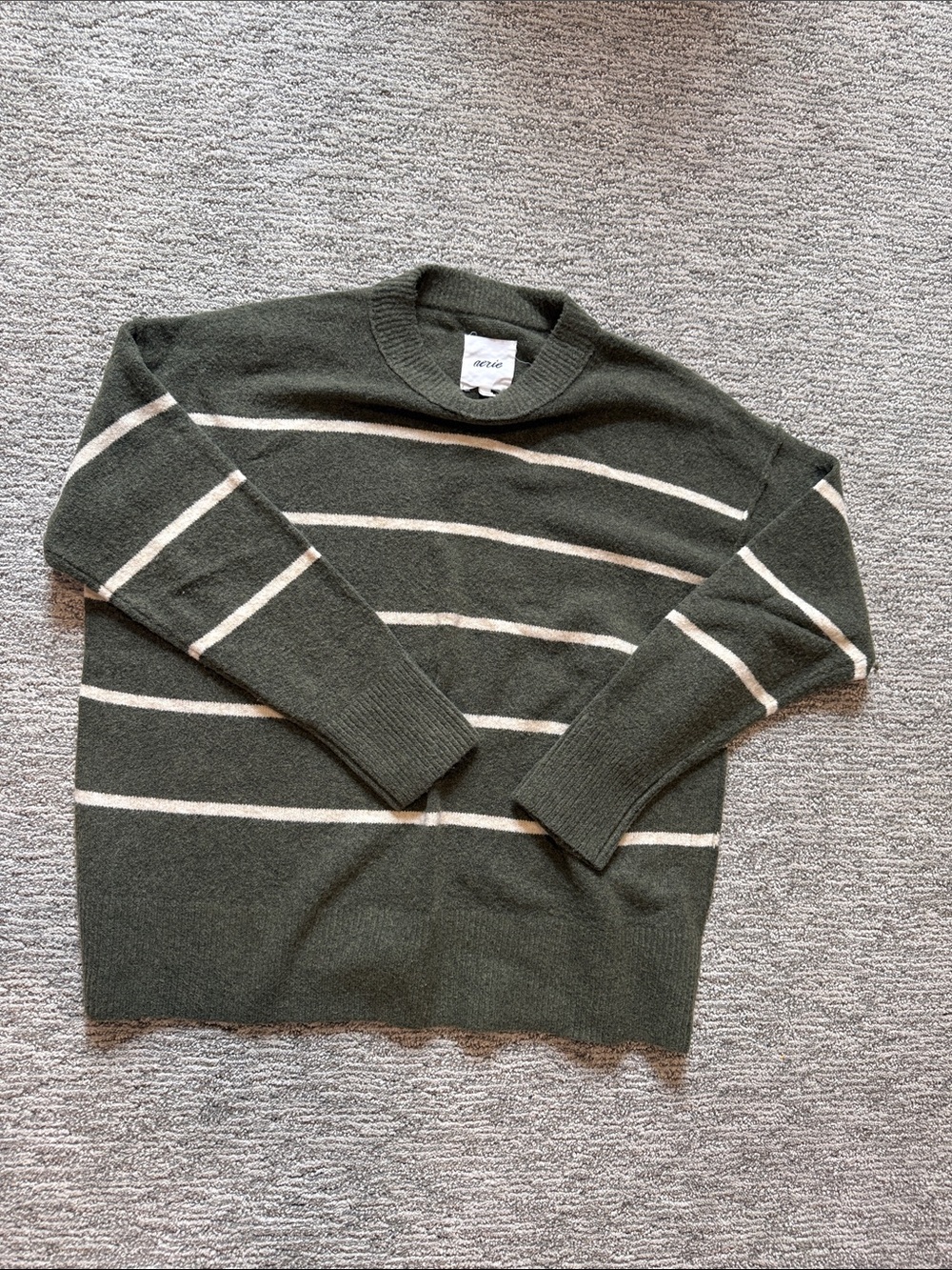 aerie Olive Green Crewneck Sweater with Cream Stripes